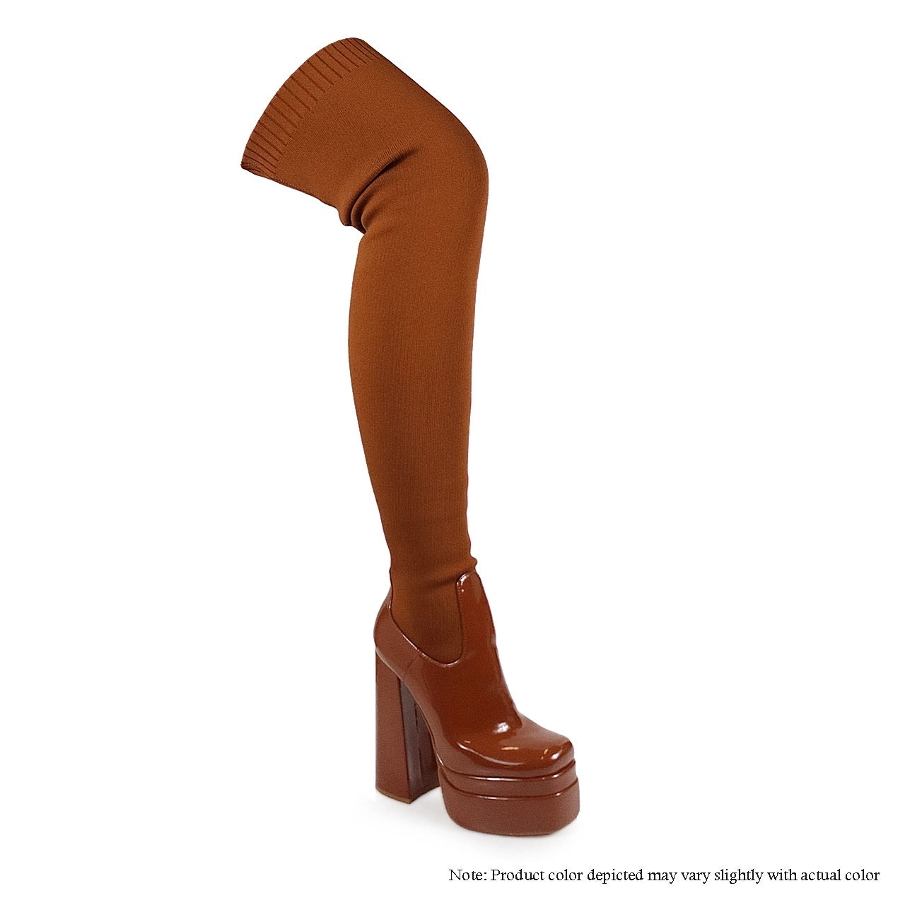 MITZY | COGNAC/BROWN DOUBLE PLATFORM KNITTED THIGH HIGH BOOT HEEL