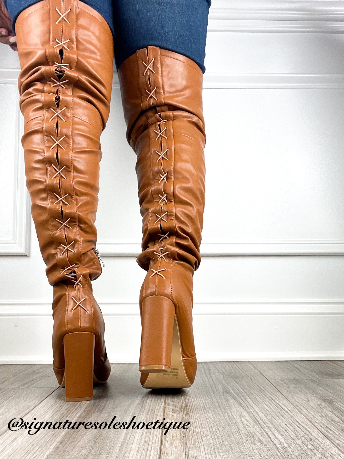 SHANIECE | COGNAC FAUX LEATHER THIGH HEEL BOOT
