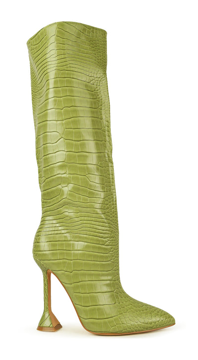 JADE green faux croc pull on knee boot