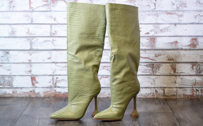 JADE green faux croc pull on knee boot