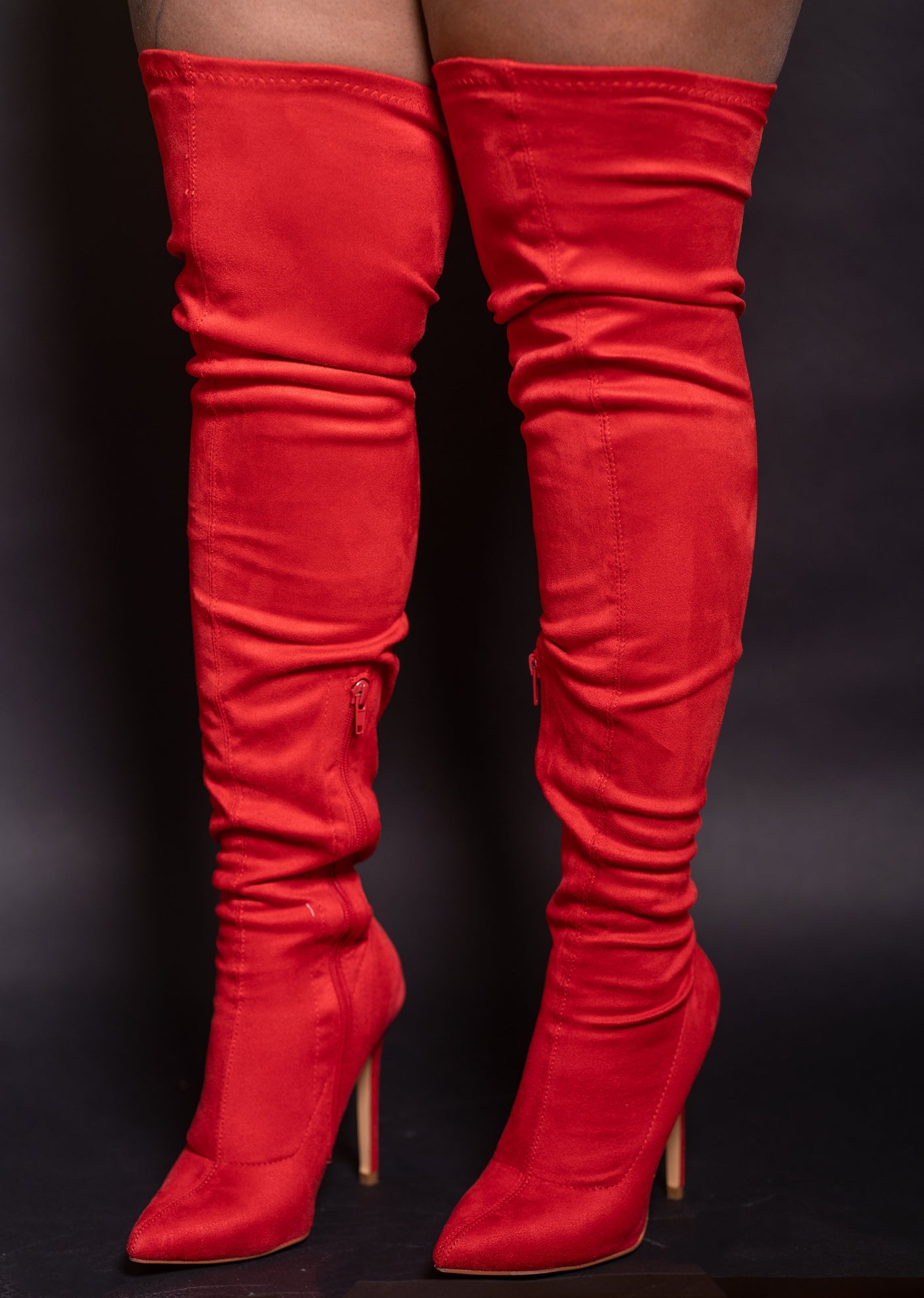 KIRSTEN RED SUEDE STRETCHY THIGH HIGH POINTED TOE BOOT