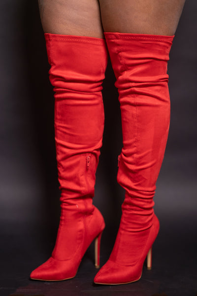 KIRSTEN RED SUEDE STRETCHY THIGH HIGH POINTED TOE BOOT