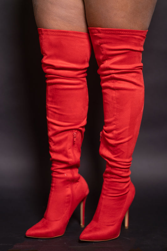 KIRSTEN | RED SUEDE THIGH HIGH POINTED TOE BOOT